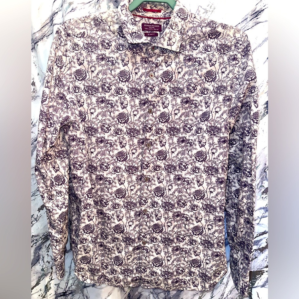 Denim & Flower Rickey Singh Floral print dress shirt Slim Fit Art to Wear style
